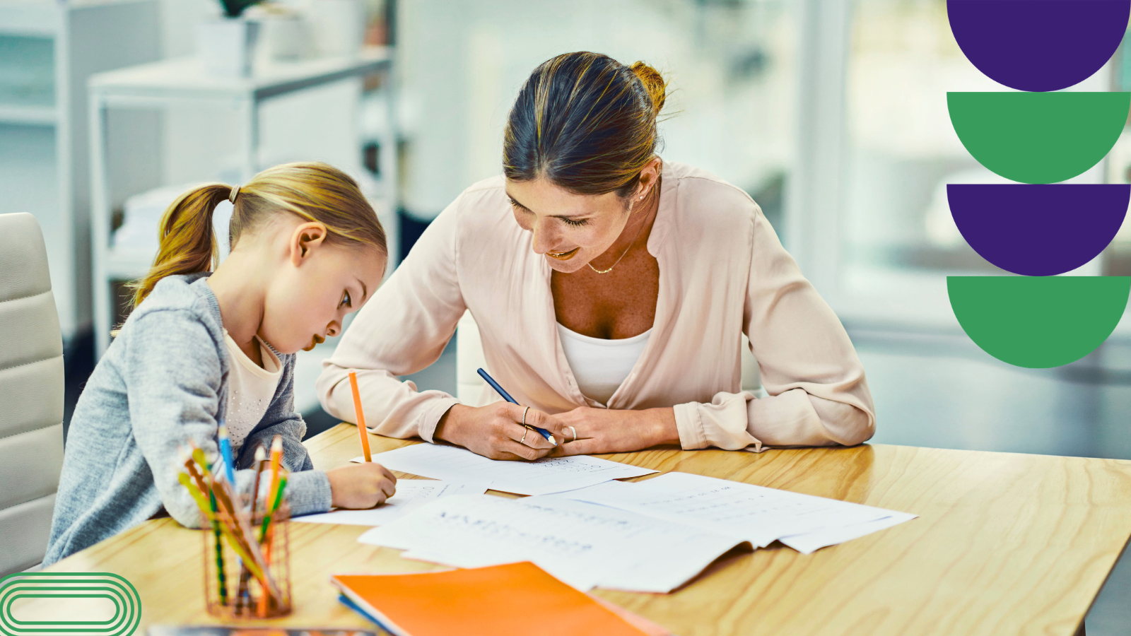 Mother helping daughter with school worksheet at kitchen table